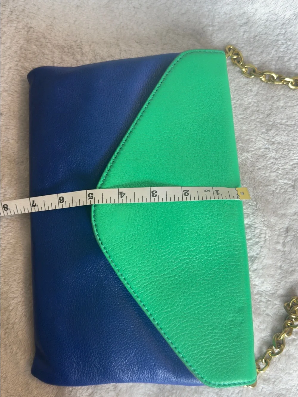 J.Crew Invitation Pebbled Leather Colorblock Envelope Clutch Chain Bag Blue Gree